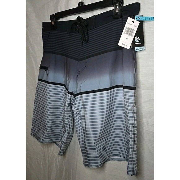 Mens Burnside Blue/Gray Striped Swim Trunks Stretch Shorts Size 32, Inseam 9" - Picture 2 of 10